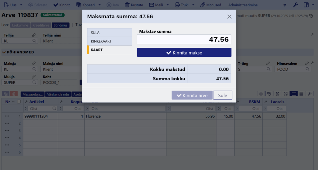 Directo kassamüügi arve koos multimakse aknaga