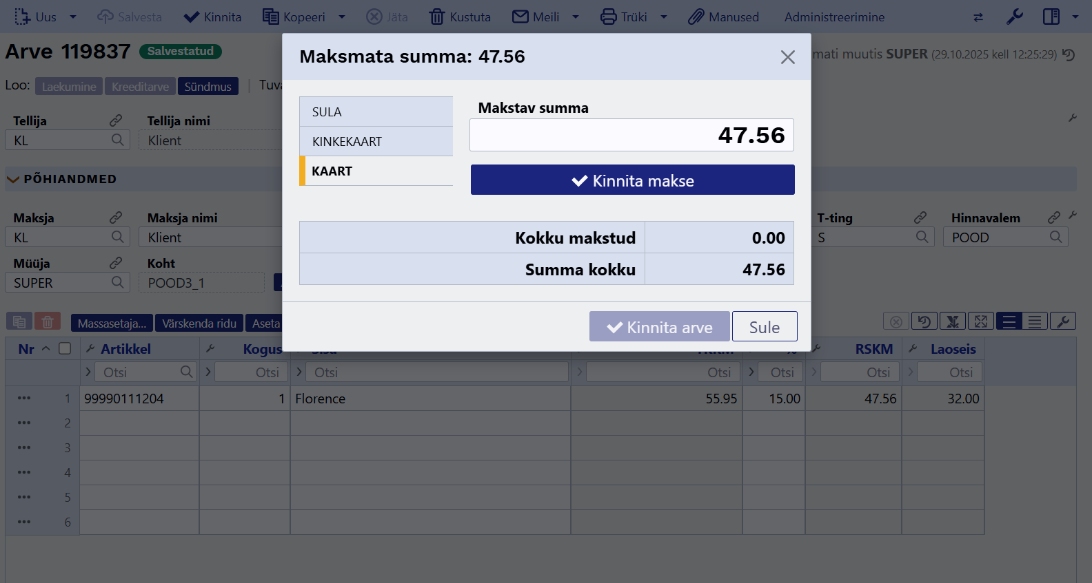 Directo kassamüügi arve koos multimakse aknaga
